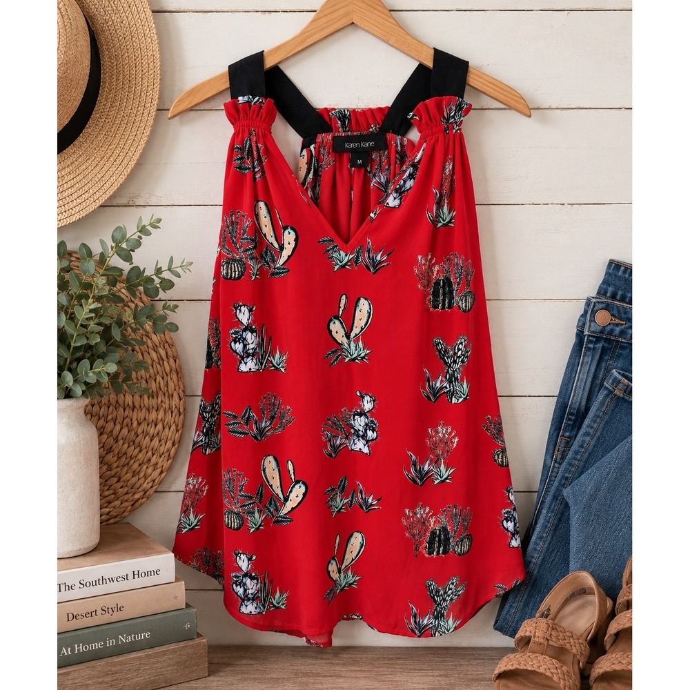 Karen Kane Womens Tank Top Cactus Print M Red V Neck Southwestern whimsy Boho